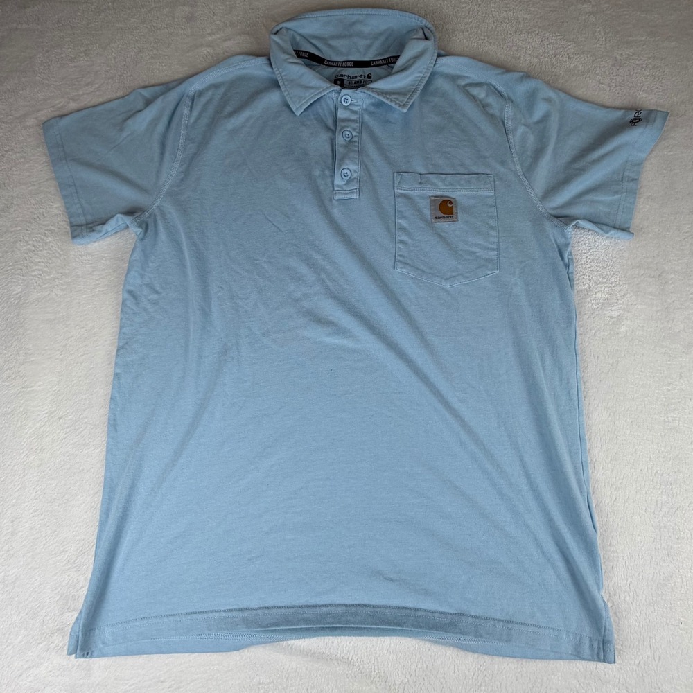 Carhartt Force Mens Medium Relaxed Fit Polo Shirt Light Blue Short Sleeve Pocket